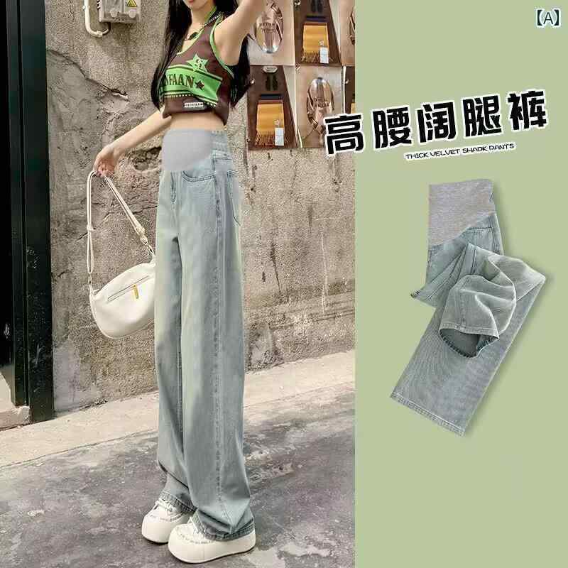 マタニティ ハイウエスト パンツ 春夏に 外で 着れる マタニティパンツ 2025夏 デニム ワイド レッグ パンツ お腹 周りを 締め付けない ストレート 細身 スタイル