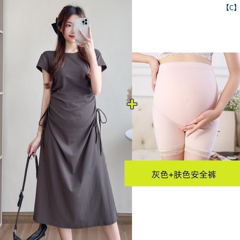 マタニティワンピース マタニティウエア マタニティ服 妊婦用 夏用 半袖 トップス ミドル 丈 Tシャツ スカート 韓国 ファッション ドローストリング スリム ドレス