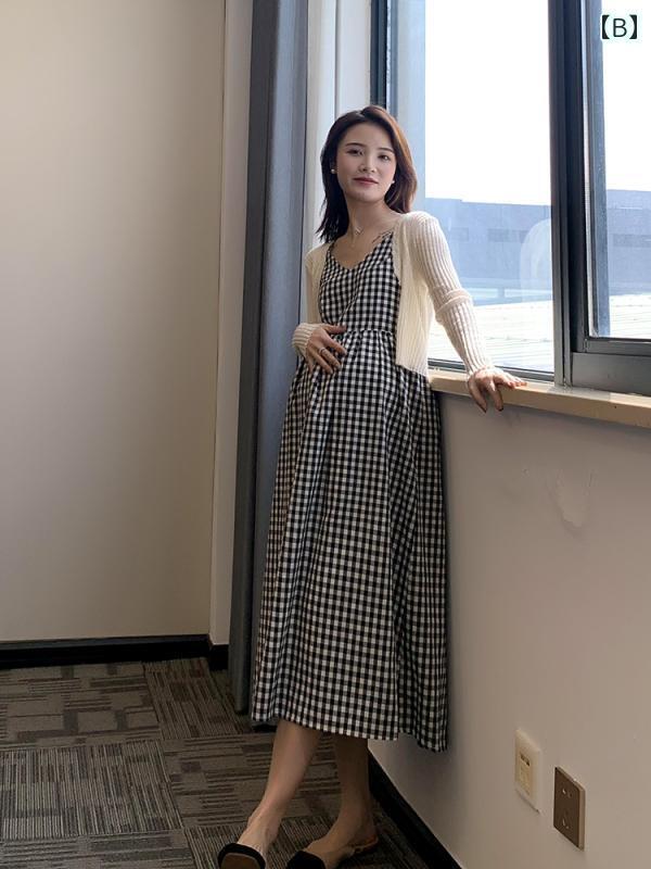 マタニティワンピース マタニティウエア マタニティ ワンピース 妊婦用 サマー ドレス 2025 新型 おしゃれ カーディガンジャケット チェック 柄 サスペンダー ロング スカート ツーピース スーツ