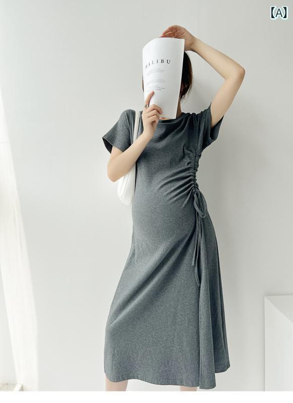 マタニティワンピース マタニティウエア マタニティ ワンピース マタニティドレス 夏 スタイル 綿 Tシャツ 2025 ドレス 韓国 ラウンドネック ドローストリング スリット ロング スカート