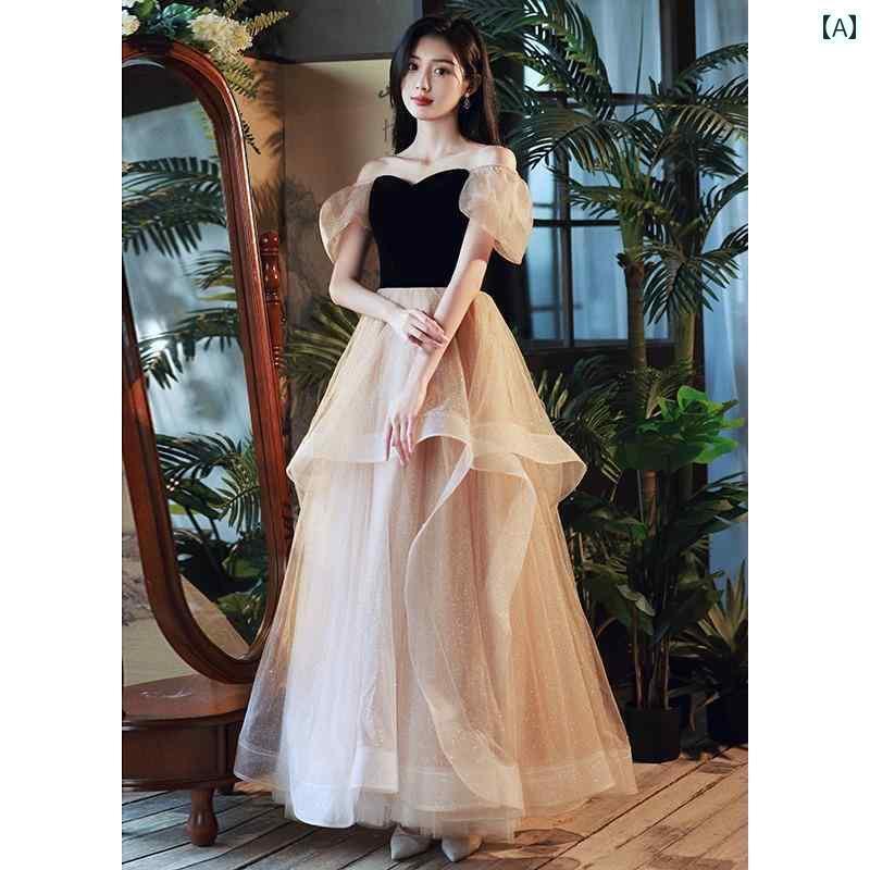 パーティードレス ロングワンピース ドレス 黒の イブニングドレス 卒業 式 声楽 学生 フレンチ パーティー 成人 誕生日の 司会 高級 プリンセス ふっくら スカート