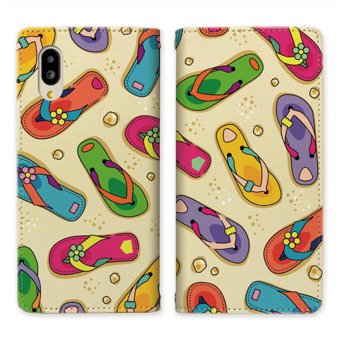 BASIO active SHG09 / BASIO active2 SHG12 ベルトなし 手帳型ケース ベイシオアクティブ/ベイシオアクティブ2 ケース 手帳型 マグネット au 帯なし スタンド機能 携帯ケース カバー ケース スマホ 手帳 スマホカバー サンダル 海 砂浜 ビーチ 【海辺のサンダルデザイン】