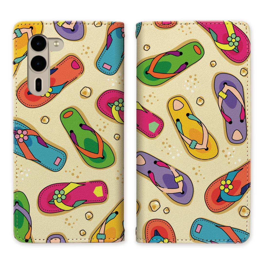 arrows We2 Plus F-51E M06 Rakuten Mobile ベルトなし 手帳型ケース ケース 手帳型 マグネット 帯なし スタンド機能 携帯ケース カバー ケース スマホ 手帳 スマホカバー サンダル 海 砂浜 ビーチ 【海辺のサンダルデザイン】