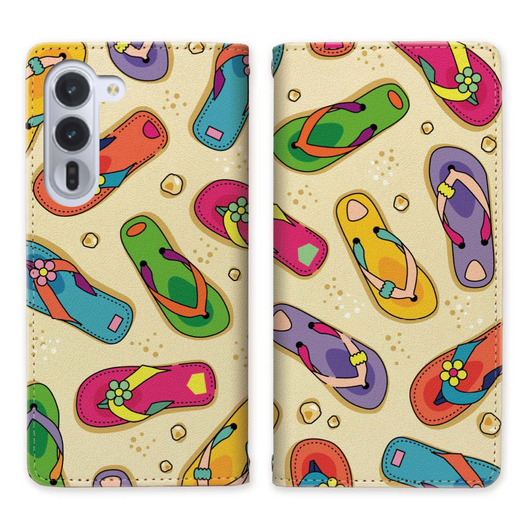 arrows Alpha F-51F ベルトなし 手帳型ケース ケース 手帳型 マグネット 帯なし スタンド機能 携帯ケース サンダル 海 砂浜 ビーチ 【海辺のサンダルデザイン】