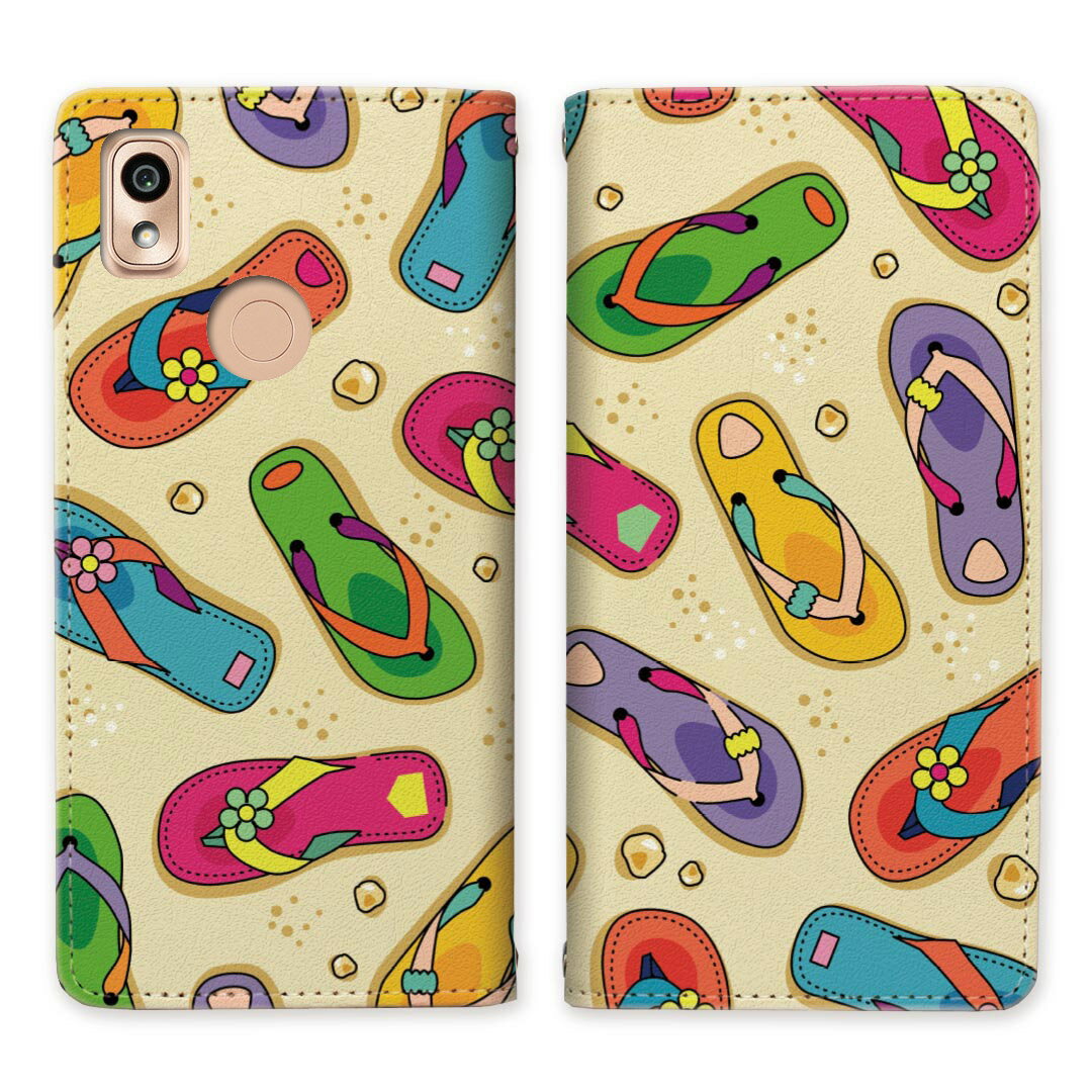 あんしんスマホ KY-51B ベルトなし 手帳型ケース 安心スマホky51b ケース 手帳型 マグネット docomo 帯なし スタンド機能 携帯ケース カバー ケース スマホ 手帳 スマホカバー サンダル 海 砂浜 ビーチ 【海辺のサンダルデザイン】