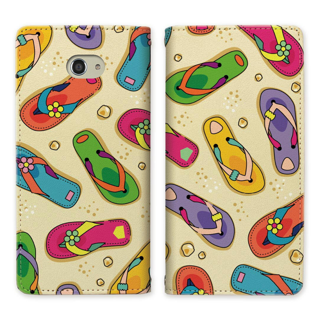 かんたんスマホ2+ A201KC ベルトなし 手帳型ケース ケース 手帳型 マグネット かんたんスマホ2 A001KC BASIO4 KYV47 帯なし スタンド機能 携帯ケース カバー ケース スマホ 手帳 スマホカバー サンダル 海 砂浜 ビーチ 【海辺のサンダルデザイン】