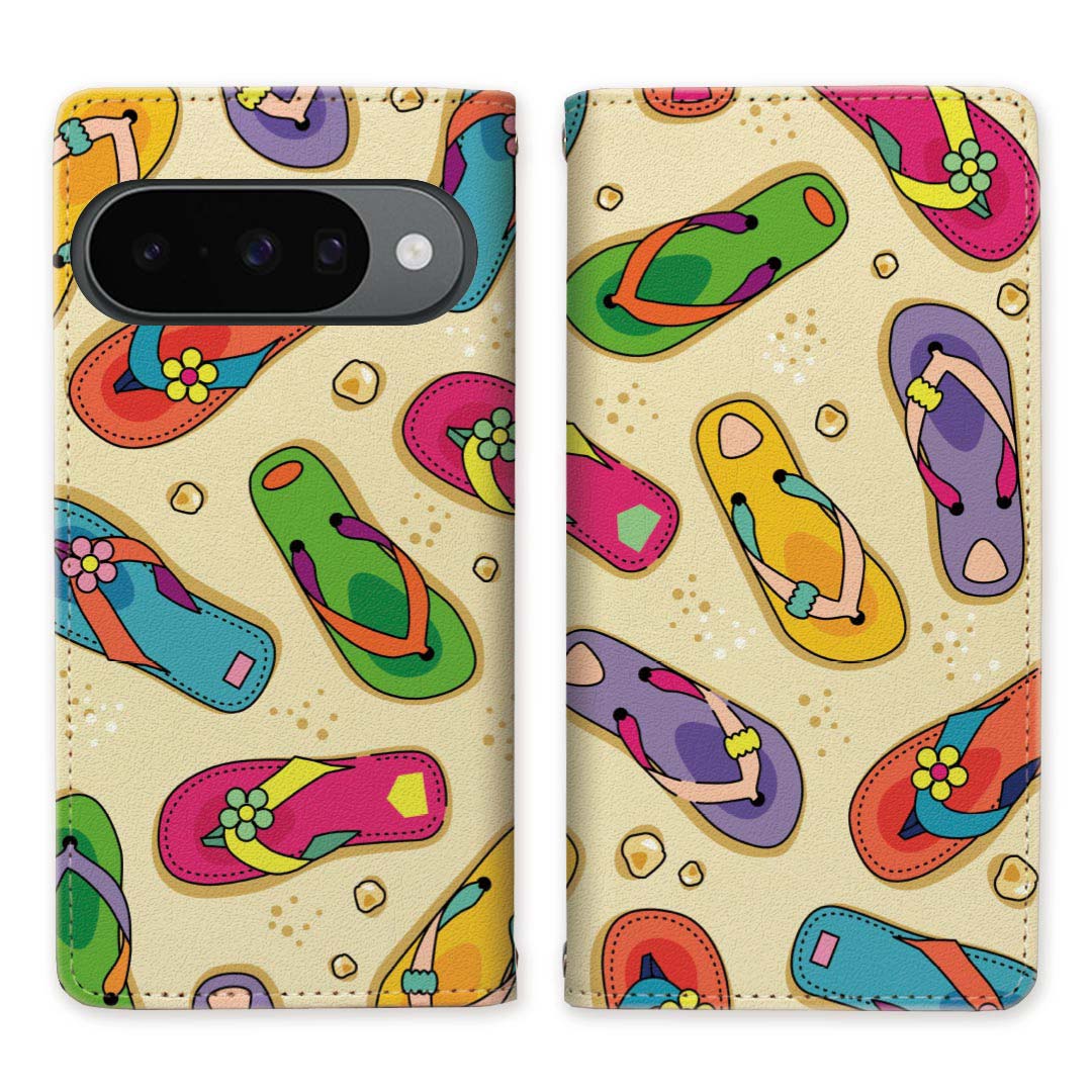 Google Pixel 10 / 10Pro ベルトなし 手帳型ケース ケース 手帳型 マグネット 帯なし スタンド機能 携帯ケース サンダル 海 砂浜 ビーチ 【海辺のサンダルデザイン】