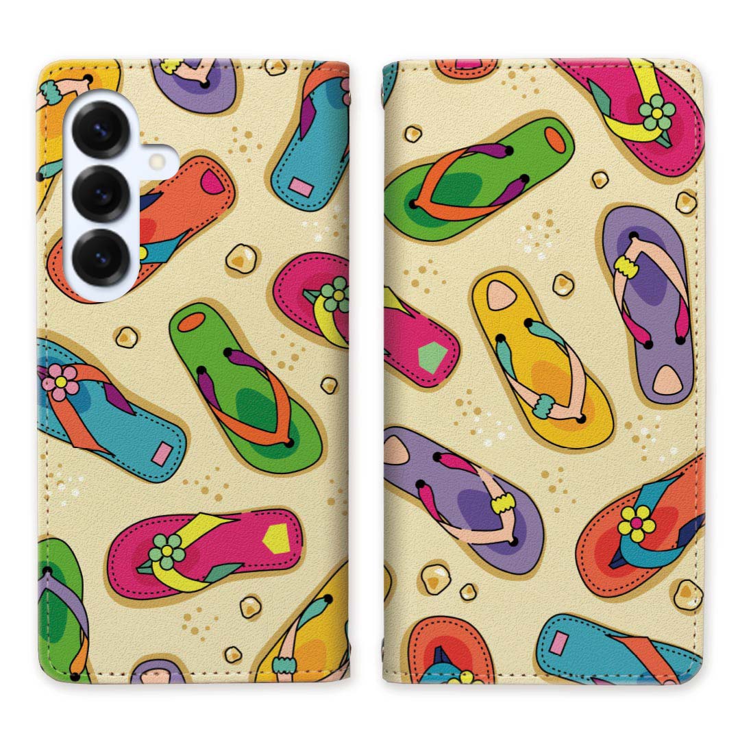 Galaxy S25 docomo SC-51F au SCG31 SM-S931Z SM-S931Q ベルトなし 手帳型ケース ケース 手帳型 マグネット 帯なし スタンド機能 携帯ケース カバー ケース スマホ 手帳 スマホカバー サンダル 海 砂浜 ビーチ 【海辺のサンダルデザイン】