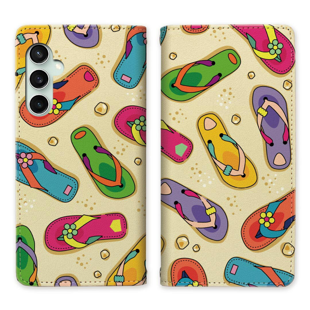 Galaxy S23 FE SCG24 au ベルトなし 手帳型ケース ケース 手帳型 マグネット 帯なし スタンド機能 携帯ケース カバー ケース スマホ 手帳 スマホカバー サンダル 海 砂浜 ビーチ 【海辺のサンダルデザイン】