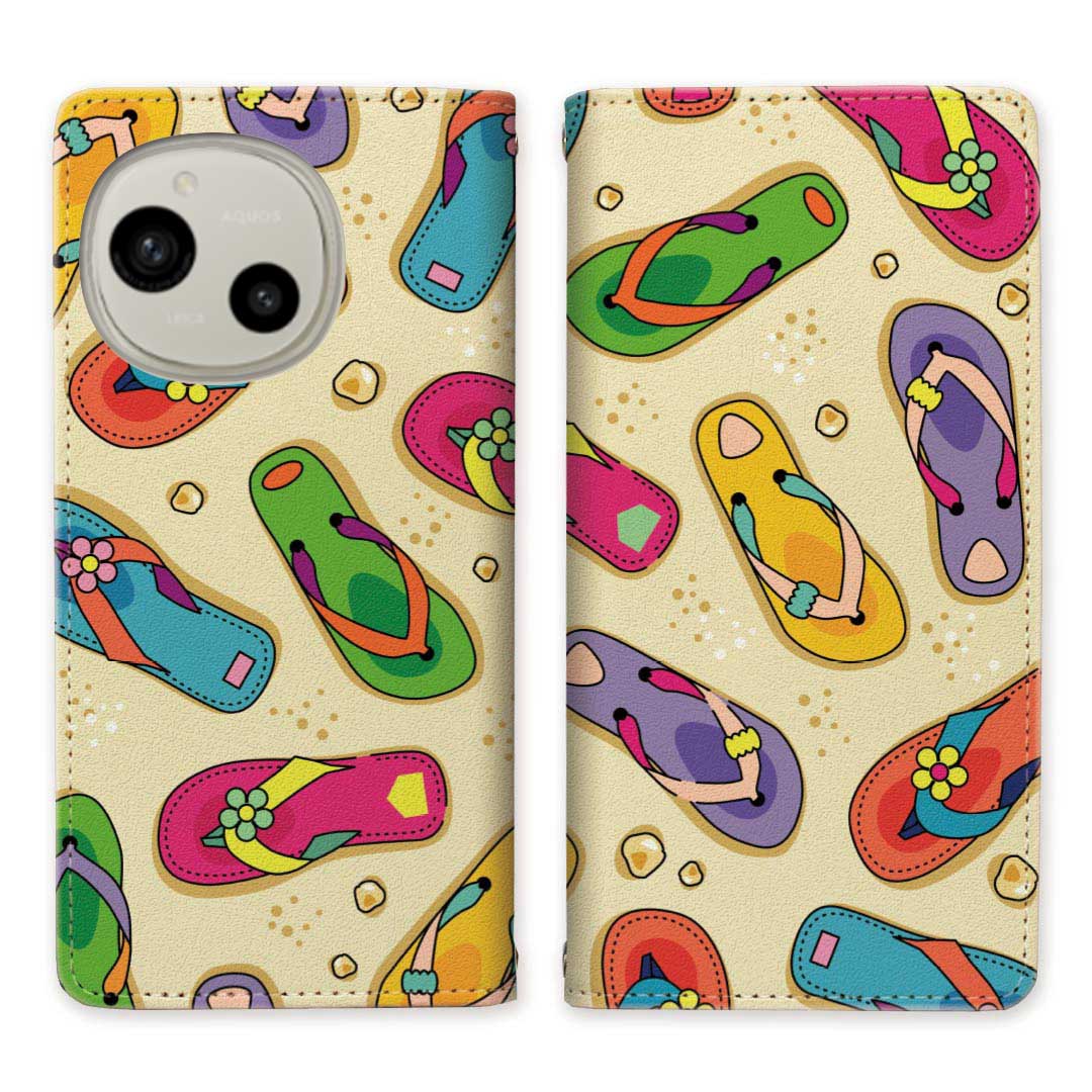 AQUOS R10 SH-51F A501SH SH-M31 AQUOS R9 SH-51E A401SH SH-M28 ベルトなし 手帳型ケース ケース 手帳型 マグネット 帯なし スタンド機能 携帯ケース カバー ケース スマホ 手帳 スマホカバー サンダル 海 砂浜 ビーチ 【海辺のサンダルデザイン】