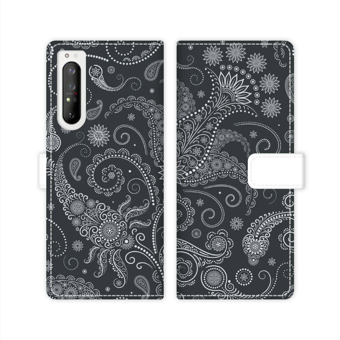 Xperia 1 II SO-51A SOG01 docomo au xperia 1 2 sog01 so51a スタンド機能 携帯ケース 手帳型 カバー ケース スマホ 手帳 手帳型 スマホケース スマホカバー ペイズリー ペイズリー柄 ブラック 黒 【ブラックペイズリーデザイン】