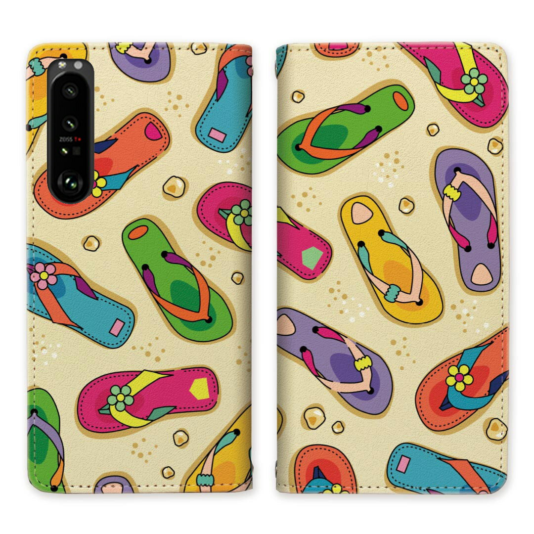 Xperia 1 III SO-51B SOG03 A101SO XQ-BC42 ベルトなし 手帳型ケース ケース 手帳型 マグネット 帯なし スタンド機能 携帯ケース カバー ケース スマホ 手帳 スマホカバー サンダル 海 砂浜 ビーチ 【海辺のサンダルデザイン】