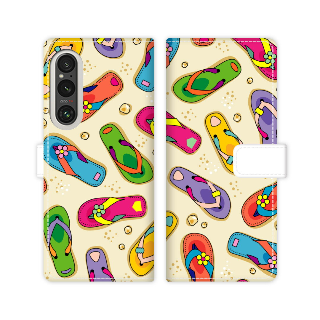 Xperia 1 V SO-51D SOG10 Gaming Edition XQ-DQ44 xperia 1 5 sog10 so51d gaming edition xq-dq44 スタンド機能 携帯ケース 手帳型 カバー ケース スマホ 手帳 手帳型 スマホケース スマホカバー サンダル 海 砂浜 ビーチ 【海辺のサンダルデザイン】