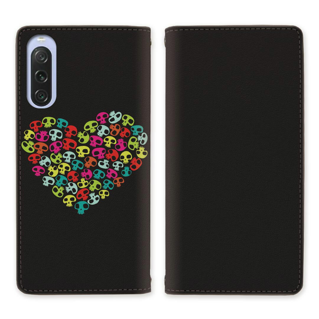 Xperia 10 V SO-52D SOG11 A302SO XQ-DC44 ベルトなし 手帳型ケース ケース 手帳型 マグネット so52d sog11 a302so xq-dc44 帯なし スタンド機能 携帯ケース カバー ケース スマホ 手帳 スマホカバー ドクロ ハート ブラック 【スカリッシュハートデザイン】