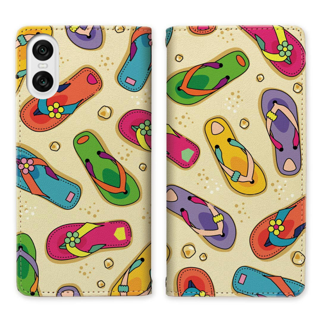 Xperia 10 VI SO-52E SOG14 A402SO XQ-ES44 ベルトなし 手帳型ケース ケース 手帳型 マグネット 帯なし スタンド機能 携帯ケース カバー ケース スマホ 手帳 スマホカバー サンダル 海 砂浜 ビーチ 【海辺のサンダルデザイン】