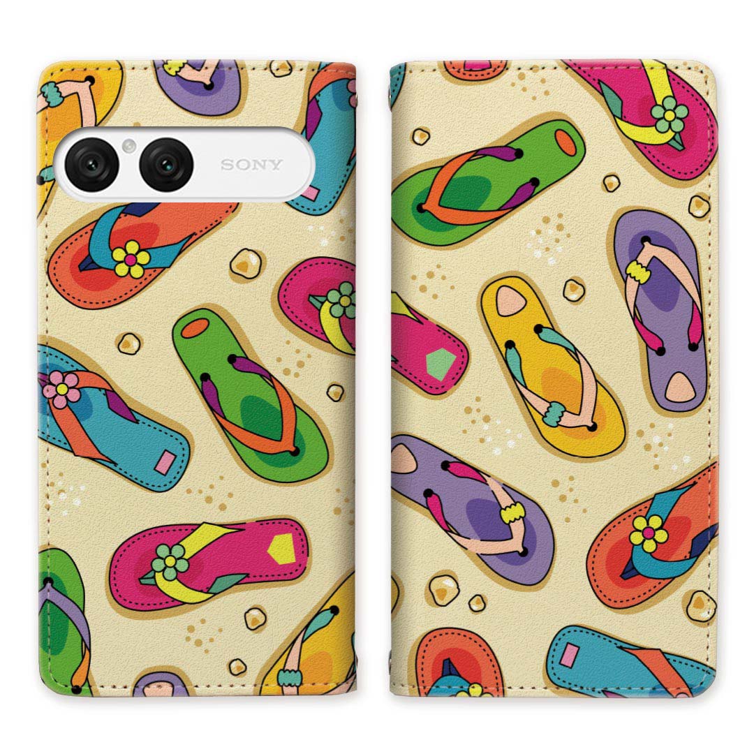 Xperia 10 VII SO-52F SOG16 A502SO XQ-FE44 ベルトなし 手帳型ケース ケース 手帳型 マグネット 帯なし スタンド機能 携帯ケース サンダル 海 砂浜 ビーチ 【海辺のサンダルデザイン】