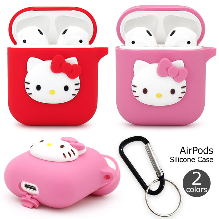 ★メール便 送料無料★ Hello Kitty AirPods Silicone Case ソフトケース【エアーポッズ 専用 収納ケース ホルダー付き】無線 充電 可能 ハローキティ キティ ちゃん ネコ 可愛い サンリオ キャラクター カラビナ ストラップ リング ホコリ流入防止キャップ シリコン