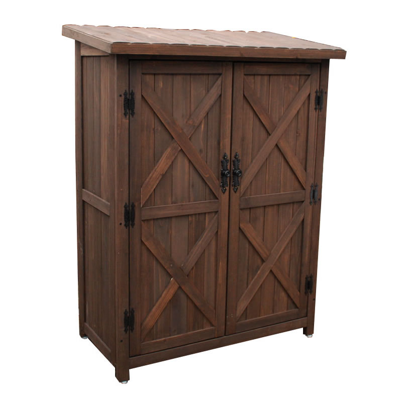 【訳ありアウトレット品 50%OFF】オールドカントリー調ストッカー1200 ダークブラウン【天然木 木製 収納　物置 倉庫 物入れ 収納庫 ガーデニング 扉付 おしゃれ 北欧 ナチュラル 掃除道具 diy キット 組立式 黒に近いダークブラウン 【部材に傷あり・外箱補修あり】のサムネイル