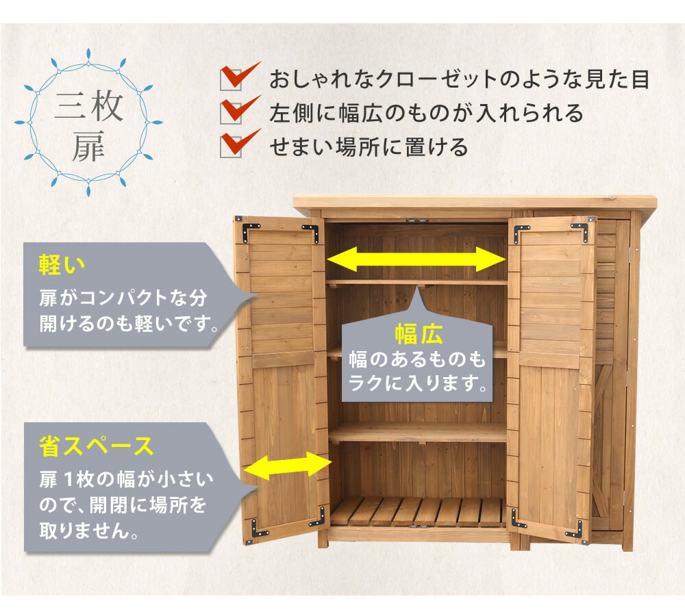 木製大型収納庫「三つ扉」【送料無料　物置　倉庫　収納庫　天然木 木製　庭 物入れ おしゃれ 大型 北欧　ナチュラル ガーデニング キャンプ　スポーツ　屋外 家具　ライトブラウン　ホワイト 木製収納庫 diy 物置小屋 キット 棚 木目調 】