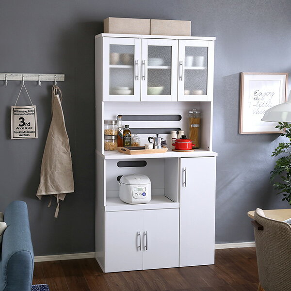 Cupboard - 【レビュー特典】 食器棚 幅90cm ホワイト キッチンボード （幅90cm×高さ180cmタイプ） 短納期 組立品 シンプル かわいい おしゃれ