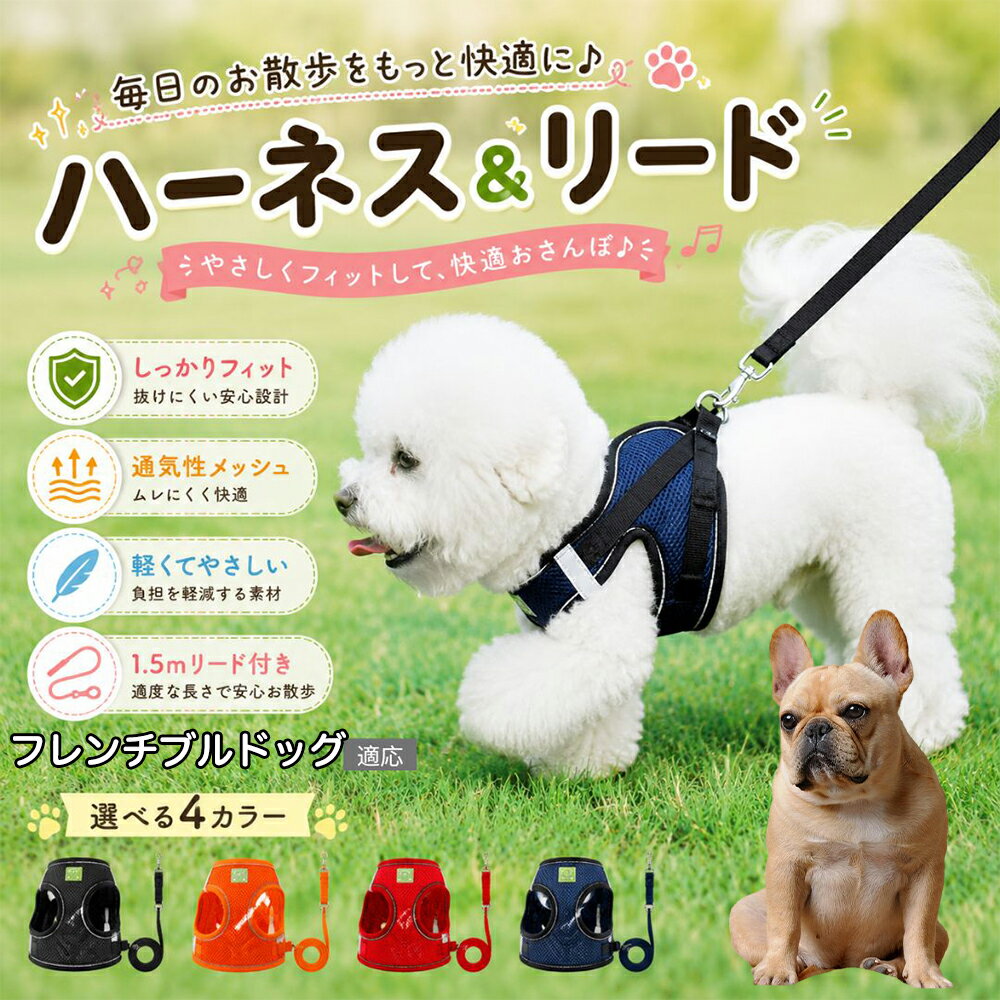 フレンチ・ブルドッグ 犬 ハーネス リードセット 抜けにくい 小型犬 中型犬 子犬 猫 胴輪 反射 メッシュ 簡単装着 負担が少ない 引っ張り癖 気管虚脱 予防 散歩デビュー XS S M L XL