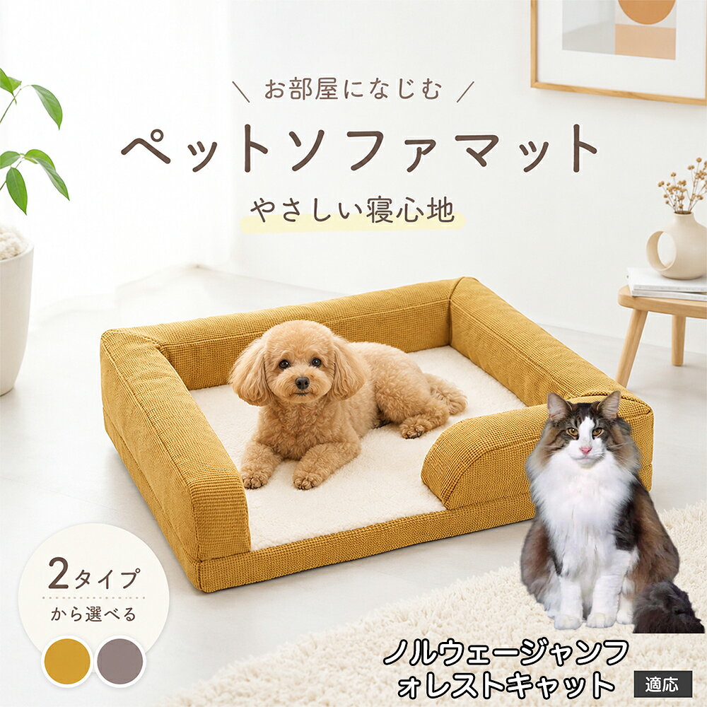 ペットの自然なリラックス姿勢を追求した、3面サイドガード付きのプレミアムソファ型ベッドです。周囲を囲む適度な高さのふっくらクッションは、ワンちゃん・ネコちゃんが大好きな「あご乗せ」や「もたれかかり」にジャストフィット。出入り口となる前面はステップを低く設計しているため、足腰の短いダックスフンドやパピー、足腰が弱くなった高齢ペットでもつまずくことなく楽々出入りできます。外側のファブリックには爪が引っかかりにくく摩擦に強い高耐久オックスフォード調生地を採用。ホリホリしたり寝相を変えたりしても型崩れしにくく、美しいソファフォルムを長くキープします。 商品詳細 商品名 ペット ソファベッド 3Dマッサージスポンジ 洗えるカバー 適応対象 ノルウェージャンフォレストキャット 商品説明 愛犬・愛猫の特等席になる、極上の寝心地を追求した高機能ペット用ソファベッドです。 底面には体圧分散に優れた「3D波形マッサージスポンジ」を採用。凹凸形状が身体のラインにやさしくフィットし、関節や筋肉への負担を和らげて沈み込みすぎない理想的な寝姿勢をキープします。 中央のクッション部には、ふんわり暖かく包み込まれるような肌ざわりの「羊ボア生地」を使用。寒い季節の底冷えを防ぎながら、通気性にも優れているためオールシーズン快適にお使いいただけます。 周囲を囲む頑丈なソファ風サイドクッションは、あご乗せやもたれかかりに最適で、ペットに高い安心感を与えます。カバーは隠しファスナー仕様でフル取り外しができ、ご家庭の洗濯機で丸洗い可能。底面には滑り止め加工を施し、フローリングやソファの上でもズレにくく安全です。 用途 ペット用ベッド／室内用ドッグカドラー／キャットベッド／ソファ・ベッド上の汚れ防止・抜け毛防止マット／体圧分散・関節ケア寝具／シニア期・老犬・老猫の介護ベッド／お留守番のリラックススペース／リビング・寝室・ケージ内でのくつろぎスペース／出産準備・パピーの安眠ハウス バリエーション ・グレー（落ち着きのあるシックな北欧調カラー） ・イエロー（お部屋を明るく彩るマスタードイエロー） 仕様 【本体外寸サイズ】 約62cm × 50cm × 高さ約13?15cm（※手作業採寸のため多少の誤差が生じる場合があります） 【推奨適応サイズ】 体長約40cm以内の小型犬・猫 【本体重量】 約850g?950g（適度な重みで安定感抜群） 【素材仕様】 ・中敷き表面：ふんわり羊ボア（ポリエステル高密度フリース） ・外側フレーム：高耐久耐摩耗オックス調ファブリック（ひっかき・噛みつきに強いワッフル風織地） ・底面内部：3D波形凹凸マッサージ高反発ウレタンスポンジ ・周囲中材：高弾力PPコットン ・底面裏地：滑り止めドット加工ノンスリップ生地 ・ファスナー：安全隠しファスナー設計 お手入れ ・カバーはファスナーを開けて中材（スポンジ・クッション）を取り出し、洗濯ネットに入れて洗濯機で丸洗い可能です。 ・色移りを防ぐため、他の洗濯物とは分けて弱水流または手洗いモードで中性洗剤をご使用ください。 ・内部の3Dウレタンスポンジは水洗いを避け、風通しの良い日陰で定期的に陰干しして湿気を逃してください。 ・タンブル乾燥機・アイロン・漂白剤の使用は縮みや変形の原因となるためお避けください。 注意事項 ・本品はペット専用のベッドです。用途以外の目的で使用しないでください。 ・ご購入前に必ずペットの体格・体長をご確認のうえご注文ください。 ・強い噛み癖や爪とぎ癖のあるペットの場合、破損する恐れがありますのでご注意ください。 ・開封直後はウレタン素材特有のにおいが残っている場合がありますが、風通しの良い場所で数日陰干しすると自然に軽減されます。 ・圧縮状態でのお届けとなる場合、開封後に軽く揉みほぐし、完全に復元するまで半日?1日程度お待ちください。 ・火気や高温になる暖房器具の近くに設置しないでください。 生産国 CHINA 梱包や発送 環境保護の観点より簡易梱包にて発送いたします。 関連キーワード ペットベッド 洗える 犬 ベッド ソファ 猫 ベッド ソファベッド 3Dスポンジ 体圧分散 高反発 マッサージ 羊ボア 小型犬 中型犬 あごのせ へたらない 丈夫 滑り止め クッション フルカバー取り外し 丸洗い 角型 四角 オールシーズン 通年 カドラー 老犬 介護 トイプードル チワワ シーズー グレー イエロー おしゃれ 北欧