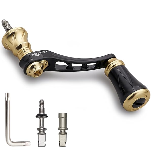 HEIGHTEN 45-50mm可変 リール ハンドル 19mm アルミ ノブ 搭載 シマノ ダイワ 通用 スピニングリール 用 Arch Series (ブラック＆ゴールド) (881)