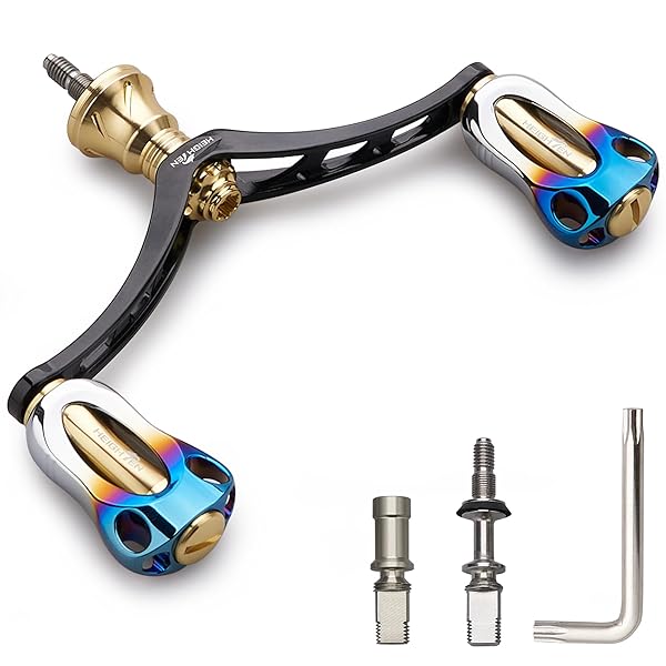 HEIGHTEN 98mm リール ハンドル 22mm ノブ 搭載 シマノ ダイワ 通用 スピニングリール用 Aurora Series (ブラック&ゴールド - 焼き色) (851)
