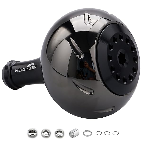 HEIGHTEN 45mm パワー リール ハンドル ノブ 4色 シマノ(Shimano) Bタイプ ダイワ(Daiwa) Lサイズ 通用 Aurora Series (ブラック＆ブラック) (719)