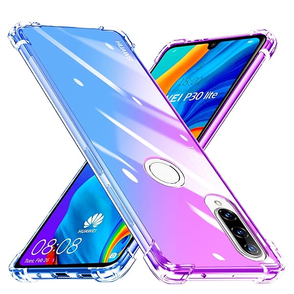 HUAWEI P30 Lite ケース クリア 透明 TPU ソフトケース 耐衝撃 軽·薄 全面保護 黄ばみなし グラデーション レンズ保護 傷防止 滑り防止 ファーウェイ P30 Lite スマホケース パープル+ブルー SJ76.41