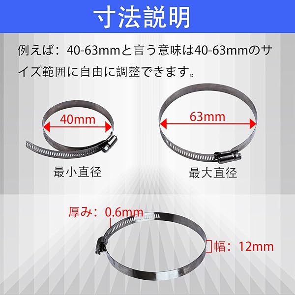 ホースバンド ホースクランプ 強力締め付けバンド 304ステンレス材質 結束バンド 金属バンド サイズ調整可能 強力締め 丈夫 耐候性 永久錆無い 共締め固定用 (27-51mm 6個)