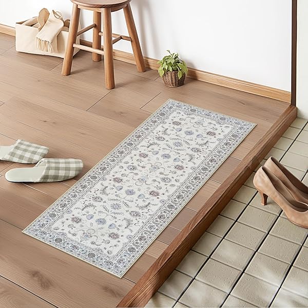 HAOCOO 玄関マット 室内 ペルシャ絨毯風 キッチンマット 洗える 滑り止め 45х120cm ラグマット 廊下敷き オールシーズン 耐磨耗性 防音 室外 シェニール 抗菌防臭 軽量 オフホワイト