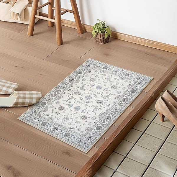 HAOCOO 玄関マット ペルシャ絨毯風 室内 夏用 50х80cm 小さい ラグ おしゃれ 洗える 耐磨耗性 滑り止め 防音 ラグマット 屋外 泥落とし シェニール オールシーズン適用 抗菌防臭 軽量 アイボリー