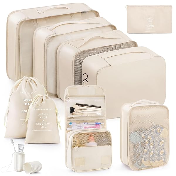 トラベルポーチ 10点セット 旅行用ポーチ 目に見えるメッシュデザイン 撥水加工 衣類仕分け 旅行用 出張 衣類 整理 便利グッズ (ベージュB)