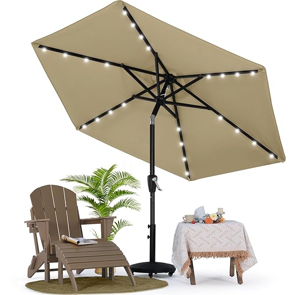 マスターキャノピー（MASTERCANOPY） LEDライト付き ガーデンパラソル 角度調節可能 ハンドル回転式 日除け 撥水 庭 アウトドア (230cm, カーキ)