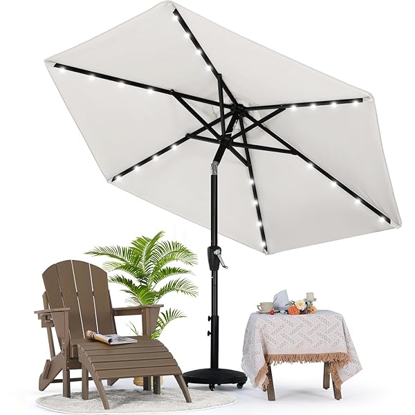 マスターキャノピー（MASTERCANOPY） LEDライト付き ガーデンパラソル 角度調節可能 ハンドル回転式 日除け 撥水 庭 アウトドア (230cm, アイボリー)