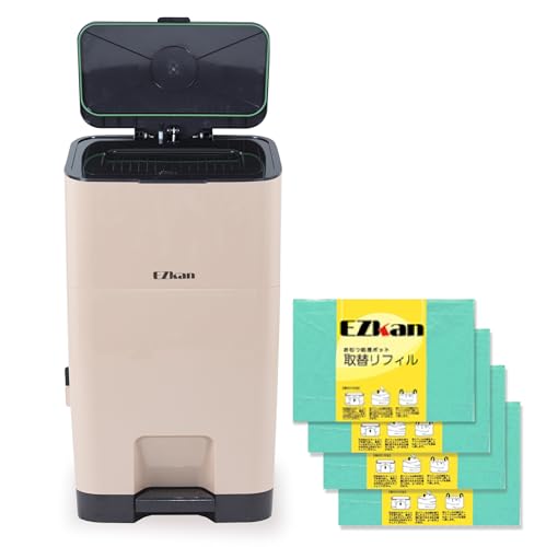 (ケラッタ) EZkan おむつポット ごみ箱 大容量 27L 99% 防臭 抗菌 におわない袋 2重フタ 介護 オムツ ペット (ベージュ リフィルセット)