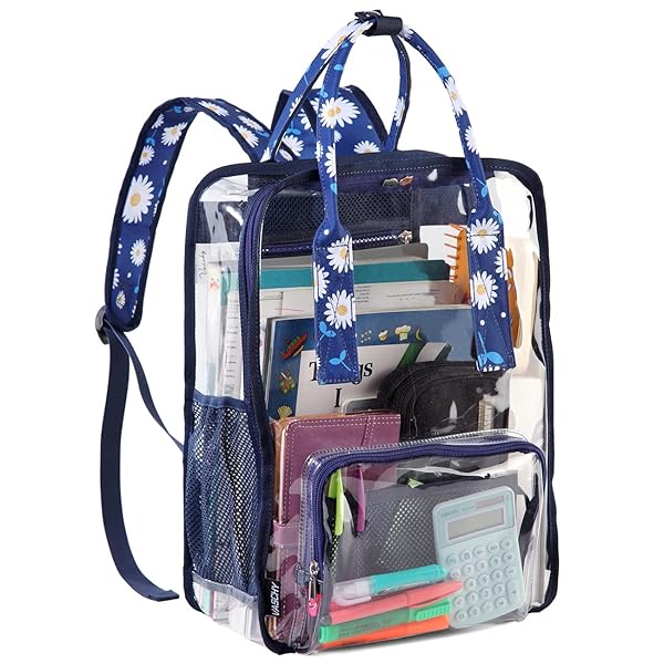 VASCHY リュック 透明, クリア バッグパック 大容量 通学 通勤 ビニールバッグ レディース ディパック 防水 アウトドア 男女兼用 ブルー デイジー
