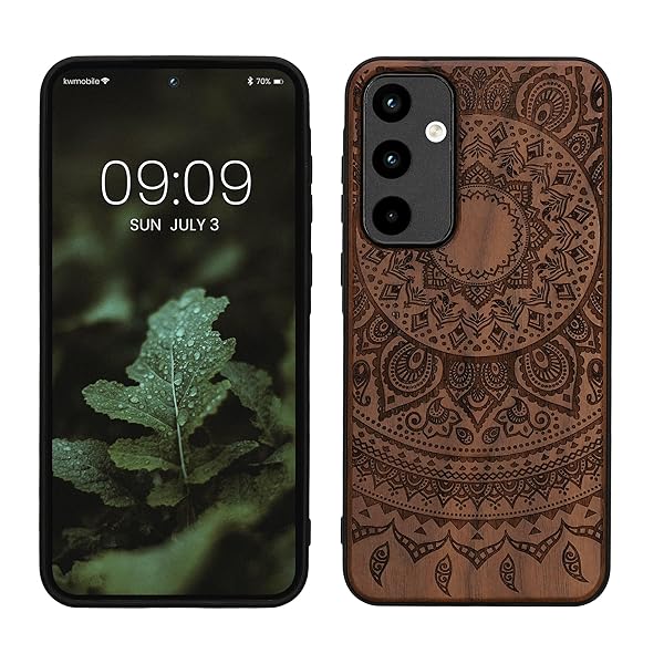 kwmobile スマホケース Samsung Galaxy A55 5G対応 ケース - 携帯ケース TPUバンパー ナチュラル 木製 インド太陽デザイン