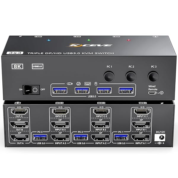 KCEVE 8K KVM切替器 3PC 3モニター、ミラー/拡張モード HDMI + DPポート (8K@30Hz/4k@144Hz) USB3.0ポート KVM Switch PC3台とディスプレイ3台対応 キーボード、マウスを3PCで共有 ドライ