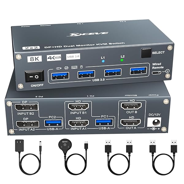 KCEVE 8K@60Hz USB3.0 KVM切替器 2入力2出力、ミラー/拡張モード (2 HDMI+2 DPポートPC) KVM Switch KVMスイッチ PC2台とモニター2台対応 キーボード、マウスを2PCで共有 簡単に接続 手元スイッ
