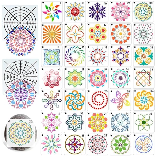 RuiChy 38個 曼荼羅 絵画のための ステンシル、 再利用可能 花柄 マンダラ ドットテンプレート 小さい ..