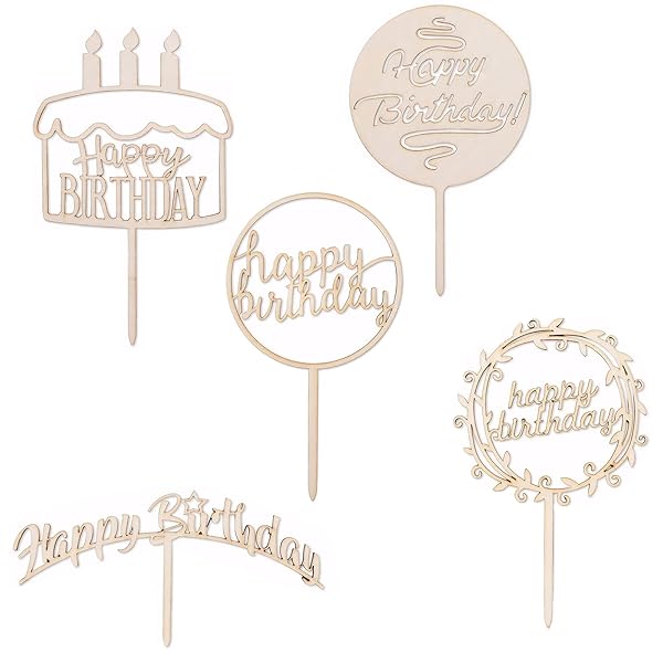 MAEXUS ケーキトッパー 誕生日 木製 ケーキトッパー （5点セット） ケーキ 飾り ケーキ挿入カード クリスマスケーキ 飾り 誕生日ケーキ 飾り お祝いの雰囲気を高める誕生日パーティーに非常に適しています