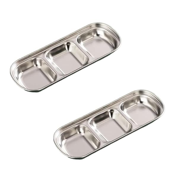 韓国食器ステンレス薬味皿仕切皿小皿，漬物、キムチ、涼菜、醤油調味料、スパイス、酢，2個入り (三区..