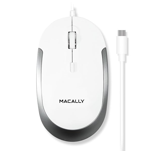 MACALLY 有線USB-C マウス - スリム 静音 3ボタン スクロールホイール 4DPIモード 800/1200/1600/2400 Mac