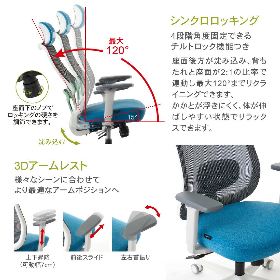 ルームワークス ROOMWORKS M2 ホワイト 北欧モダン オフィス ロッキング ワーク チェアー 椅子 イス 勉強机 3D アームレスト ヘッドレスト 上下昇降 在宅 勤務腰痛 防止 3