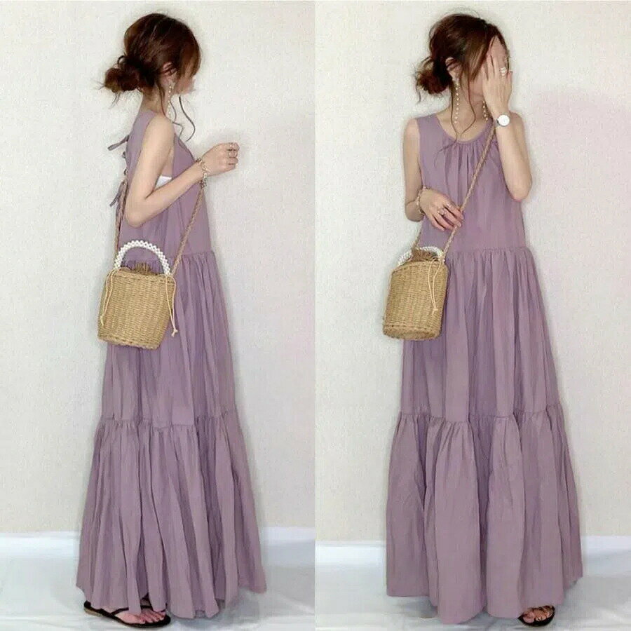 ロングワンピース 袖なし タンクワンピース 夏 ロング ティアードワンピース フォーマル 40代 着痩せ 黒ワンピース パープル aライン バックリボン付き 30代
