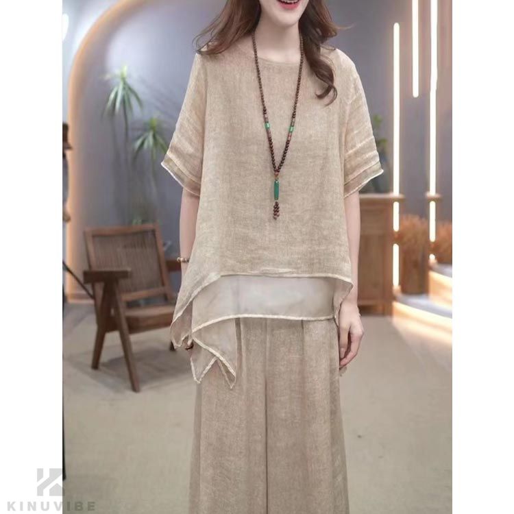 セットアップ レディース 夏 半袖 上下セット ワイドパンツ ロングパンツ 綿麻 春 カジュアル 柔らか きれいめ シンプル 軽量 ゆったり おしゃれ 大きいサイズ ママコーデ 透气 体型カバー 通勤 通学 デート トップス