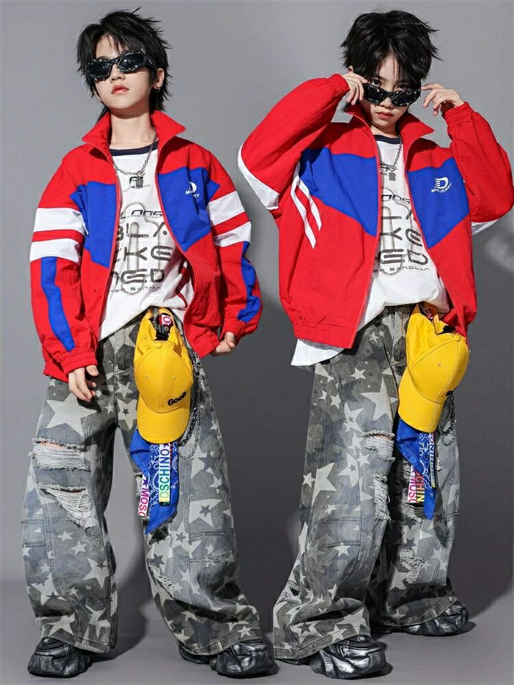 ヒップホップ ダンス衣装 キッズ カラーブロックジャケット ワイドパンツ セットアップ 赤青 星柄ダメージ クラッシュデニム風 チアガール 運動会 幼稚園 応援団 発表会 団体服 普段着 ストリートスタイル 子供服 ステージ衣装 演出服 体操服