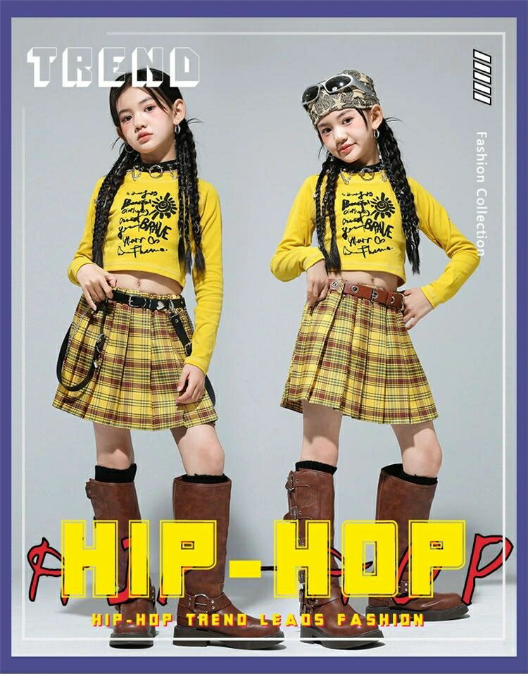 女の子 ダンス衣装 ヒップホップ 子供服 黄色 長袖 ダンスウェア キッズ イエロー へそ出し トップス タータンチェック スカート jazz k-pop こども ガールズ 応援団 団体服 ジュニア おしゃれ hiphop 練習着 発表会 120-180